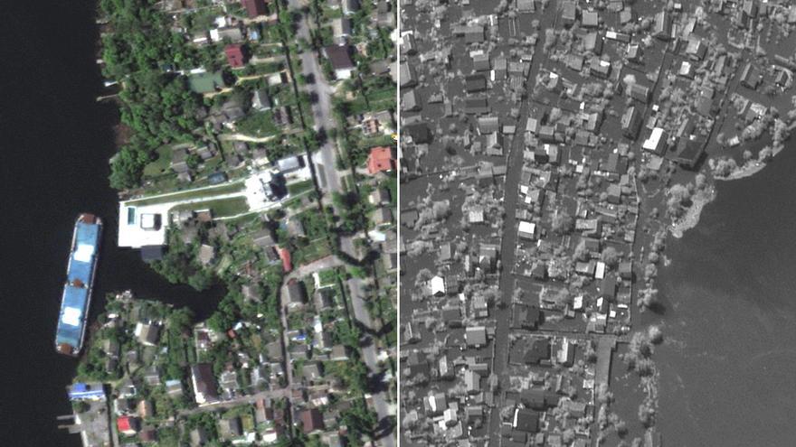 El antes y el después del desastre: las imágenes de satélite de las inundaciones tras la destrucción de la presa en Ucrania