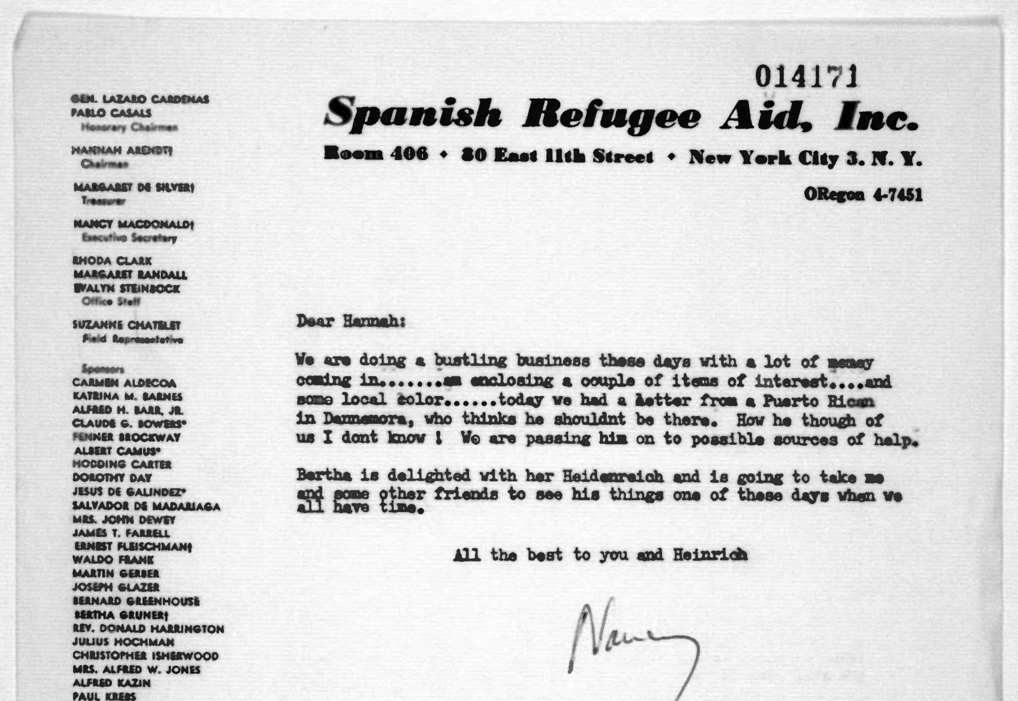 Carta de Nancy Macdonald, fundadora del Spanish Refugee Aid, a Hannah Arendt.