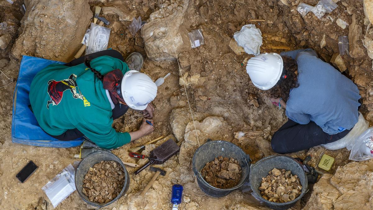 Dos arqueólogos trabajan en los yacimientos de Gran Dolina. Las excavaciones en el yacimiento de Gran Dolina, uno de los más destacados de la sierra de Atapuerca (Burgos), han llegado al nivel TD6, la gran 