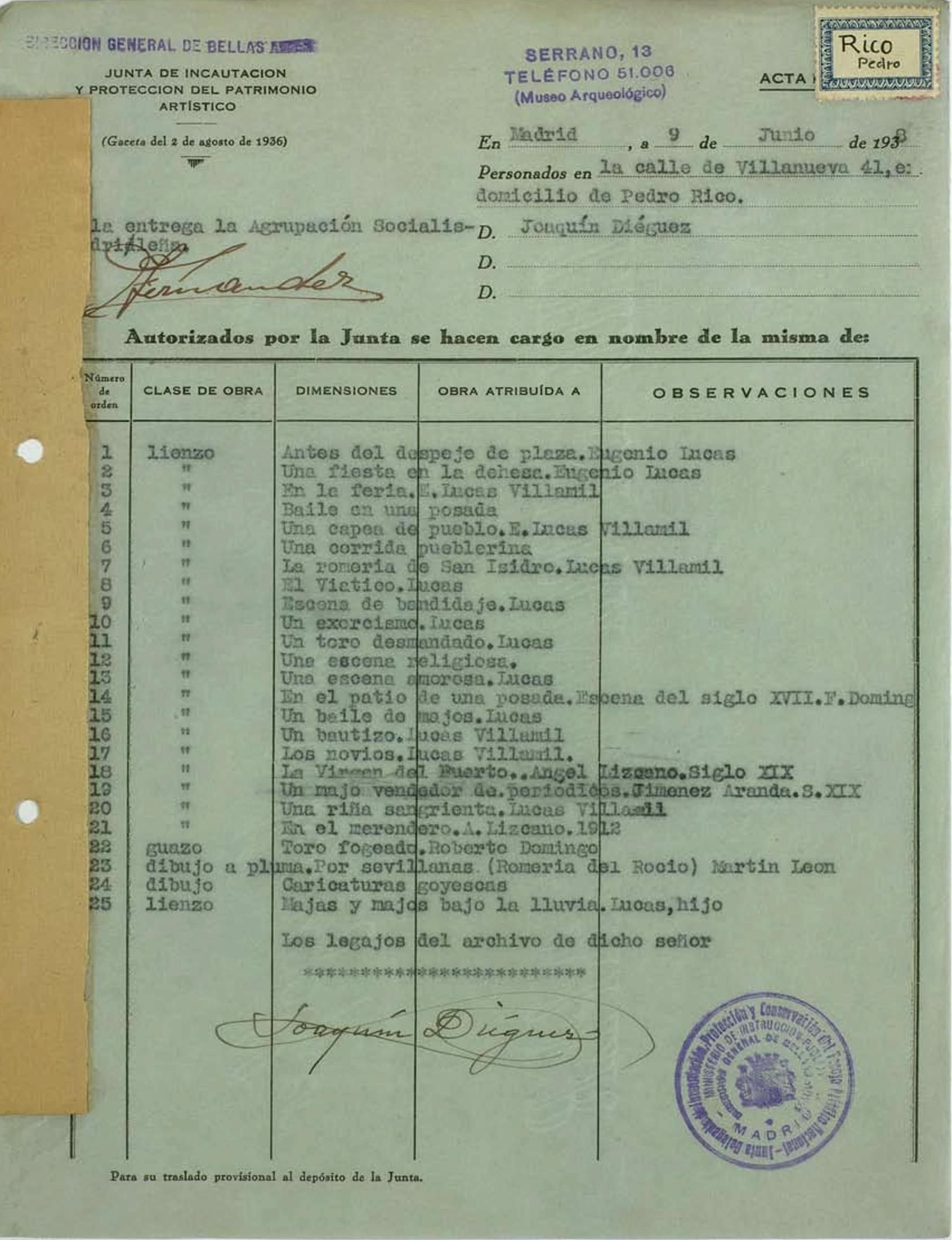 Acta de incautación de Pedro Rico