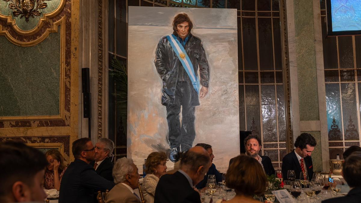 Javier Milei, durante la cena en su honor en el Instituto Juan de Mariana, el 21 de junio de 2024