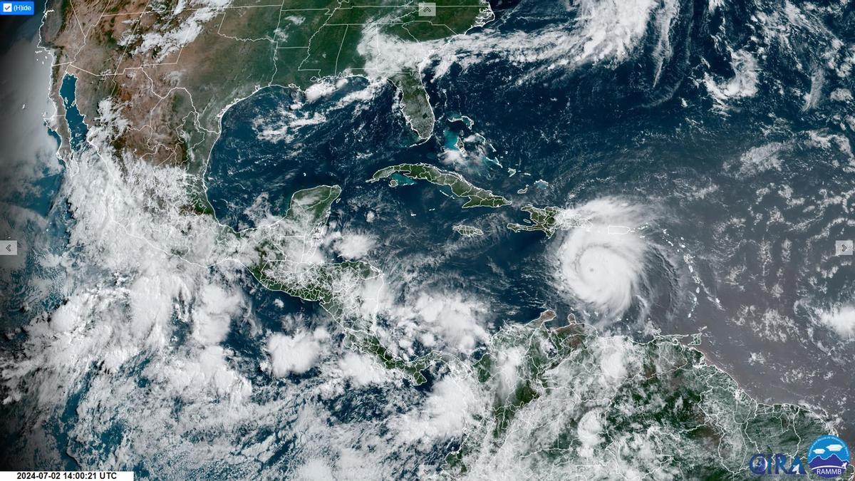 Captura de una imagen satelital de la Subdivisión de Meteorología Regional y de Mesoescala (RAMMB) y del Instituto Cooperativo para la Investigación Atmosférica (CIRA) de la Universidad Estatal de Colorado (CSU)