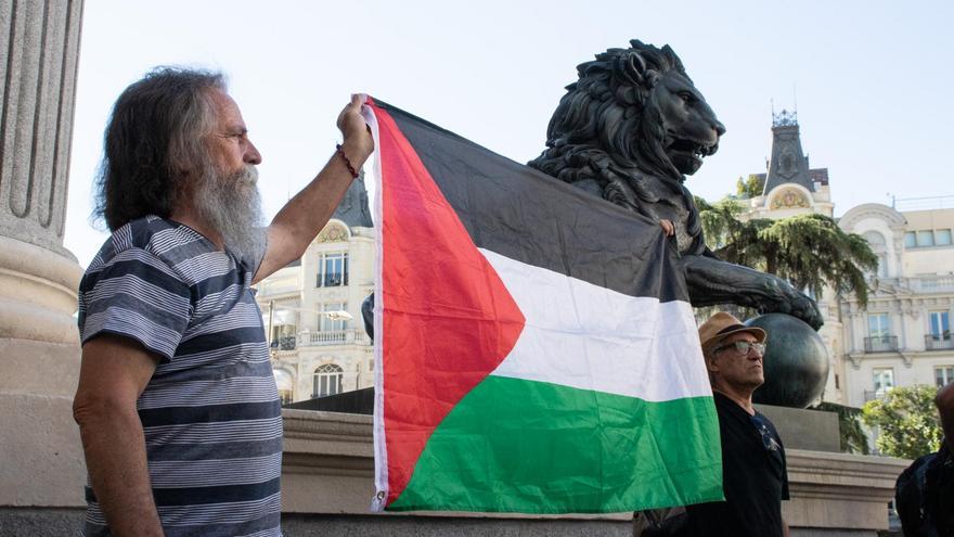 Activistas despliegan la bandera de Palestina junto al Congreso de los Diputados en Madrid, el 11 de julio de 2024.