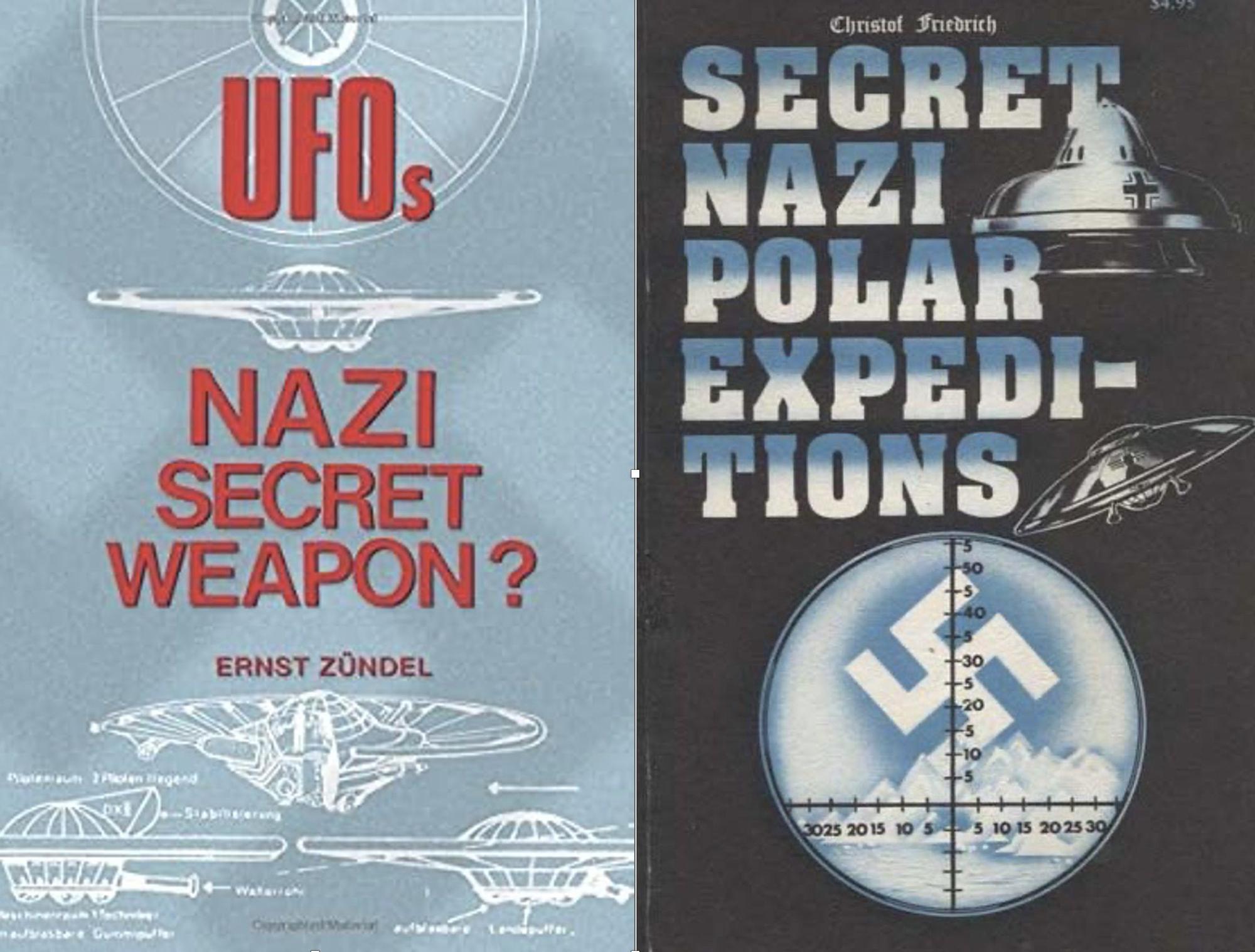 Portada de los dos libros de Ernst Zündel (Christof Friedrich) sobre la fuga de Hitler a la Antártida en un platillo volante.