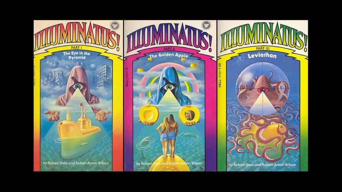 Portada de los libros de la trilogía The Illuminatus!, de Robert Anton Wilson y Robert Shea, en la edición de Dell Science Fiction