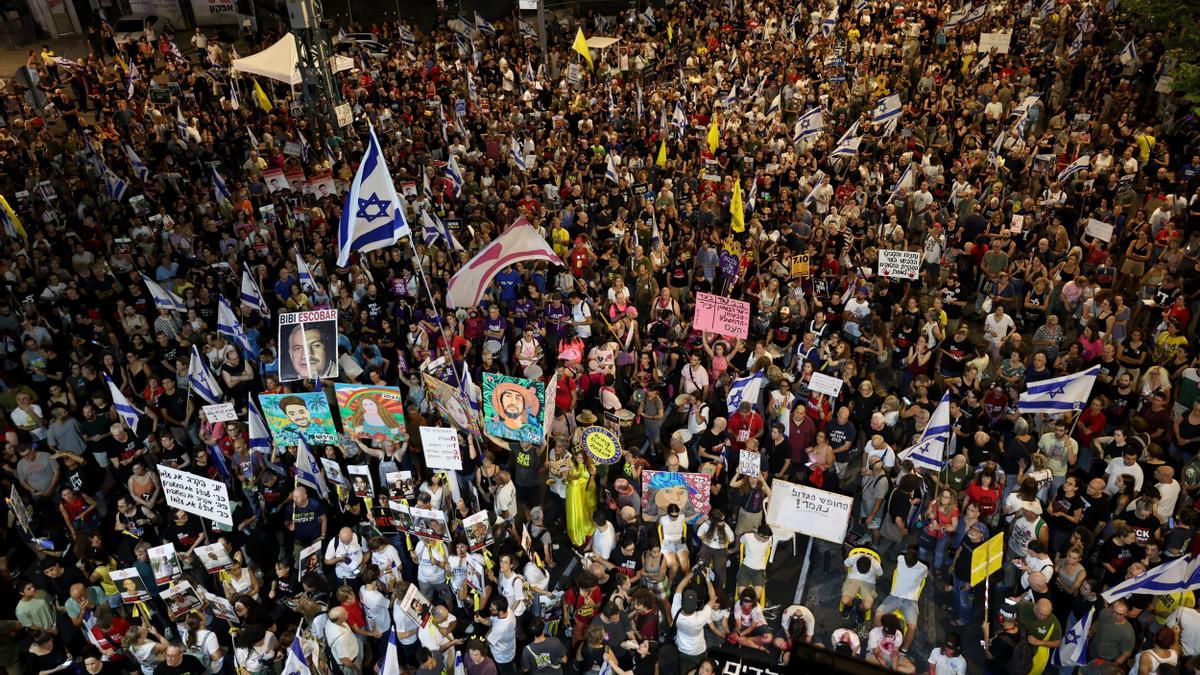 Protesta para pedir la liberación inmediata de los rehenes israelíes retenidos por Hamás en Gaza, en Tel Aviv, Israel, el 31 de agosto de 2024.