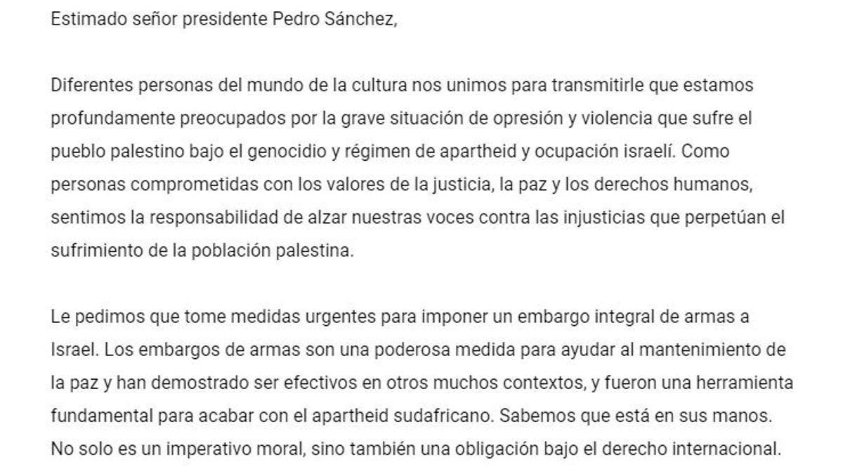 La carta a Pedro Sánchez de intelectuales y artistas en la que piden un 