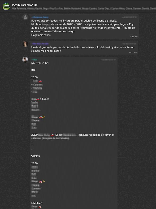 Captura de la conversación de WhatsApp en la que organizan el transporte