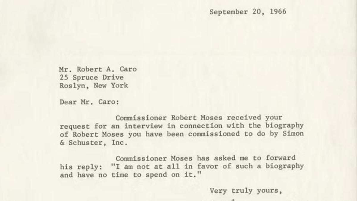 La carta a Robert Caro de un portavoz de Robert Moses rechazando ser entrevistado en 1966.