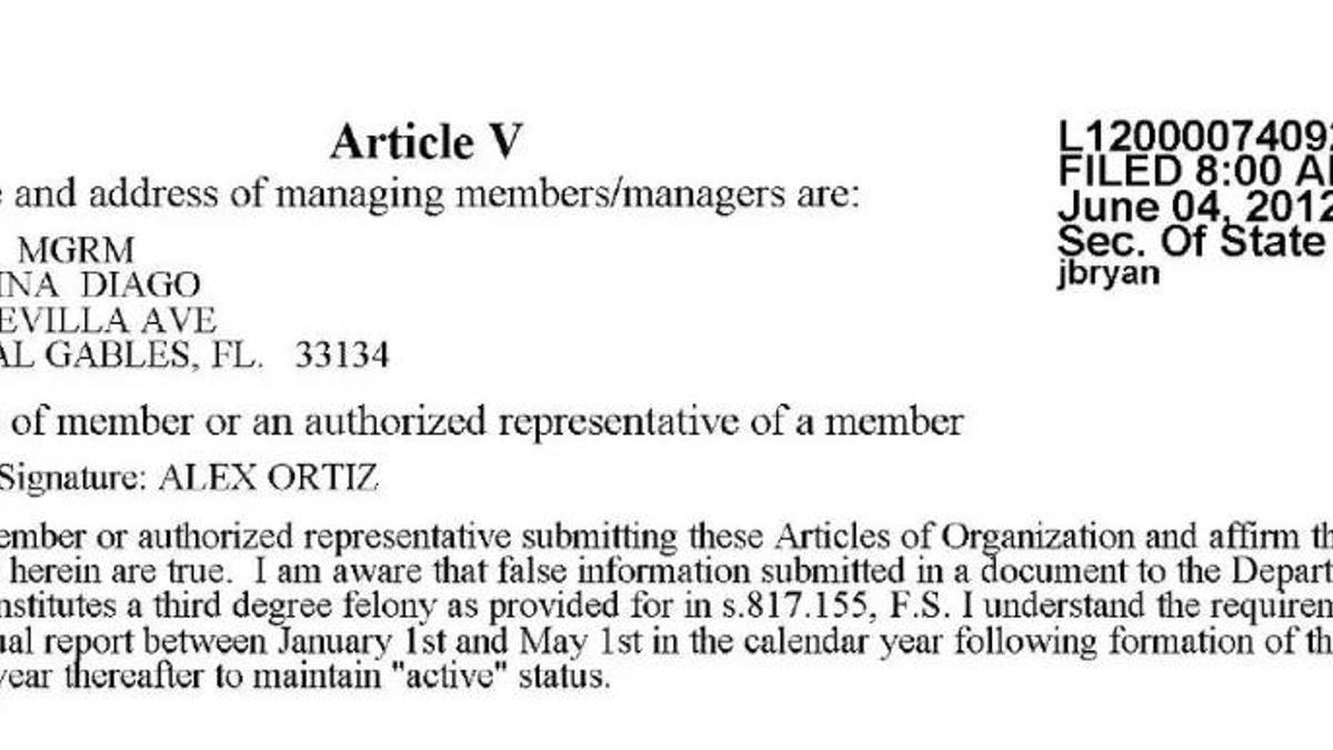 Diago aparece en 2013 como manager de la sociedad Goformore, de Florida, titular, actualmente, de tres departamentos en Miami.