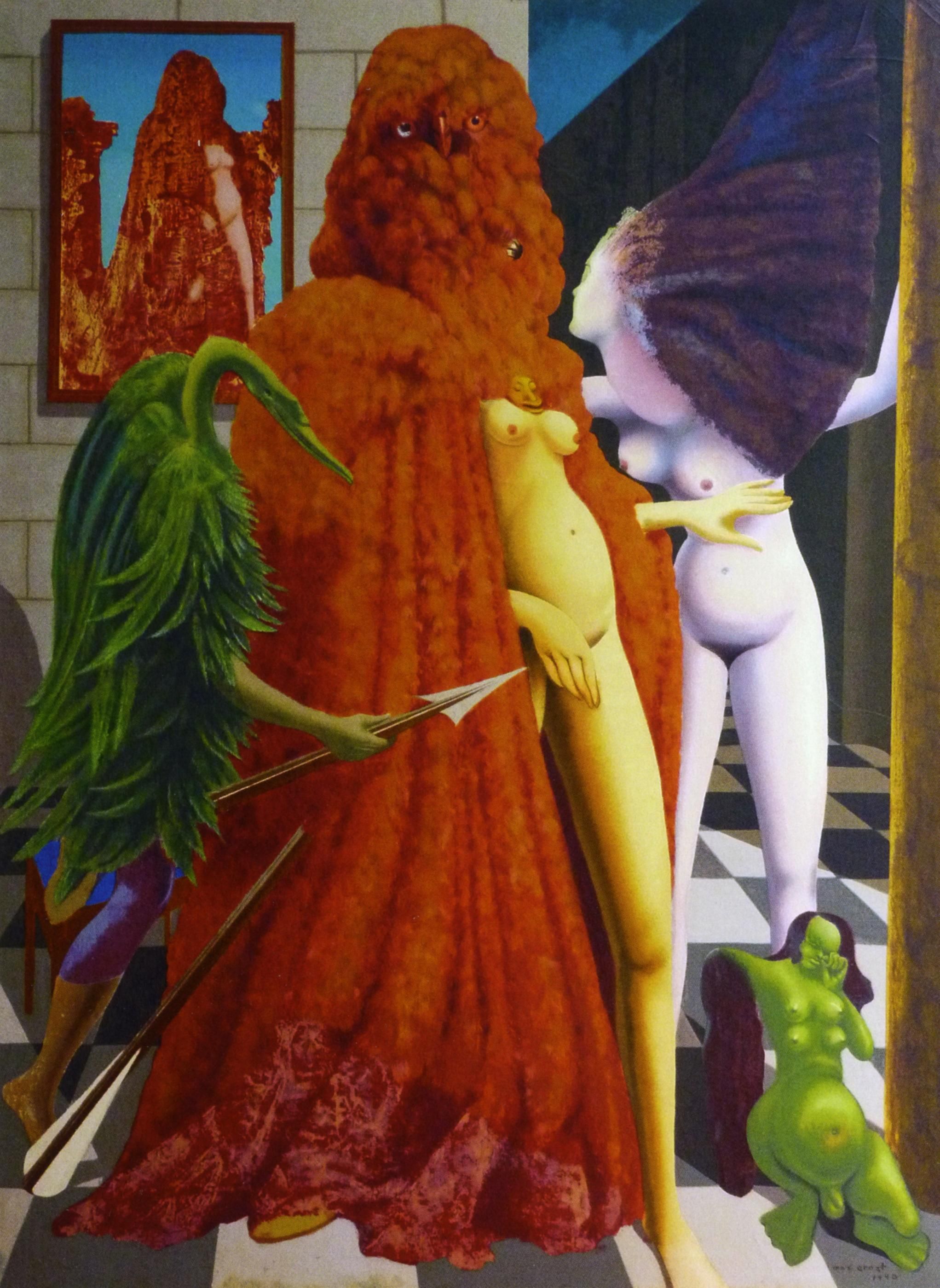 Max Ernst, 'L’habillement de l’épousée' ('La atracción de la esposa'), 1973–75, serigrafía en color en óleo sobre lienzo, 121 x 90 cm, Museo Max Ernst, Brühl