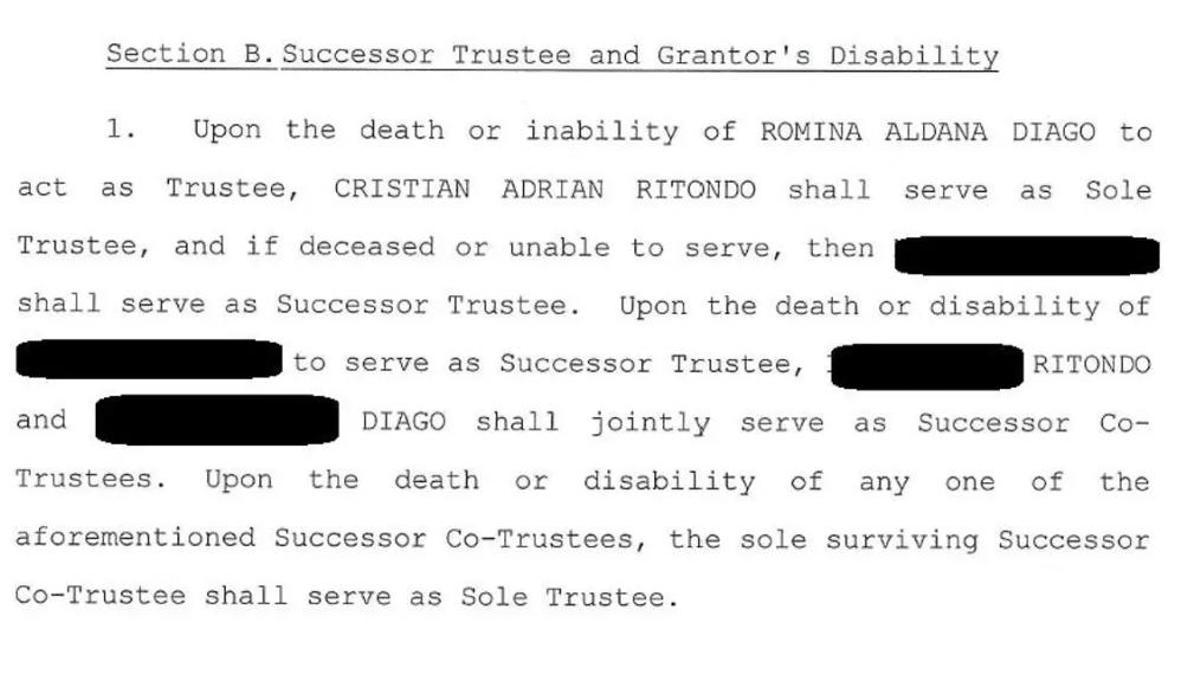 En el fideicomiso de Florida, Diago dejó por escrito que en caso de pasarle algo, Ritondo asumiría como el administrador de una propiedad de US$650.000 en Estados Unidos.