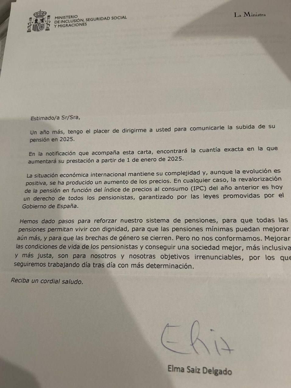 Carta completa de la Seguridad Social con la subida de las pensiones de 2025.