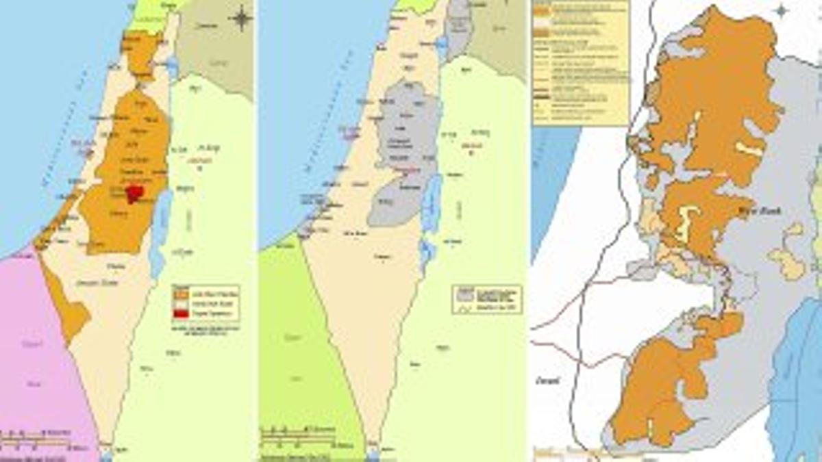 Desde la izquierda: mapa de partición de 1947, mapa tras la guerra de 1948 y mapa del hipotético Estado palestino