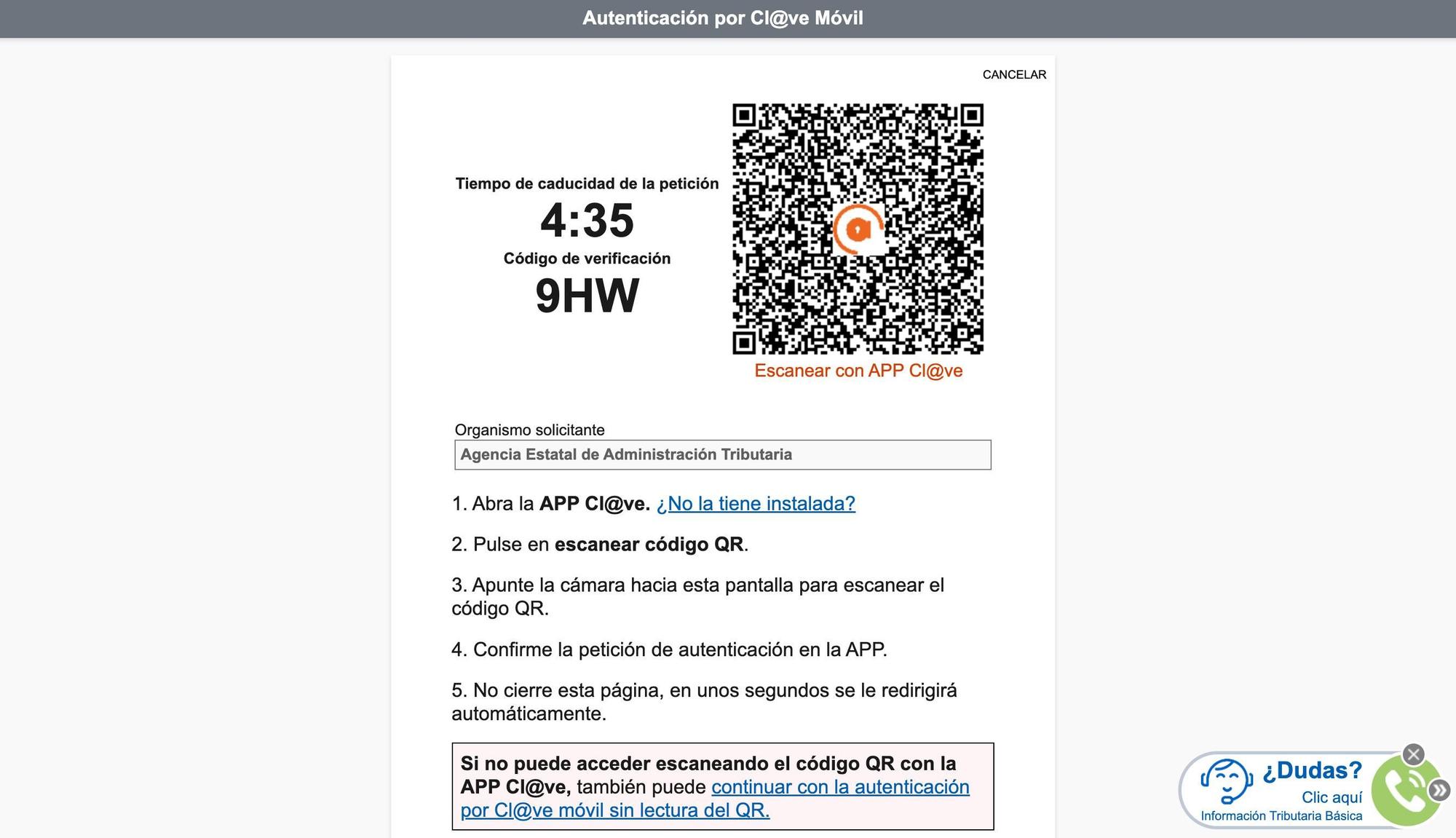 Pestaña de identificación mediante el proceso de Cl@ve Móvil.