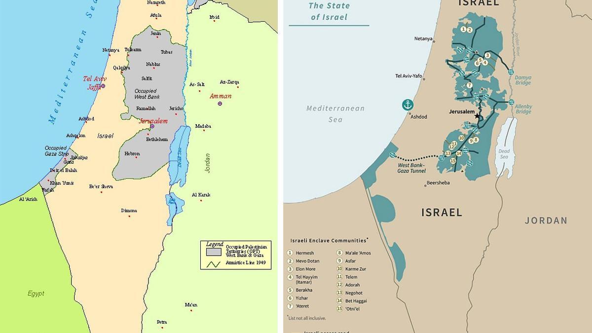 A la izquierda, mapa actual de los territorios palestinos ocupados tras 1967; a la derecha, la propuesta del Estado palestino de Donald Trump y Benjamin Netanyahu en 2020