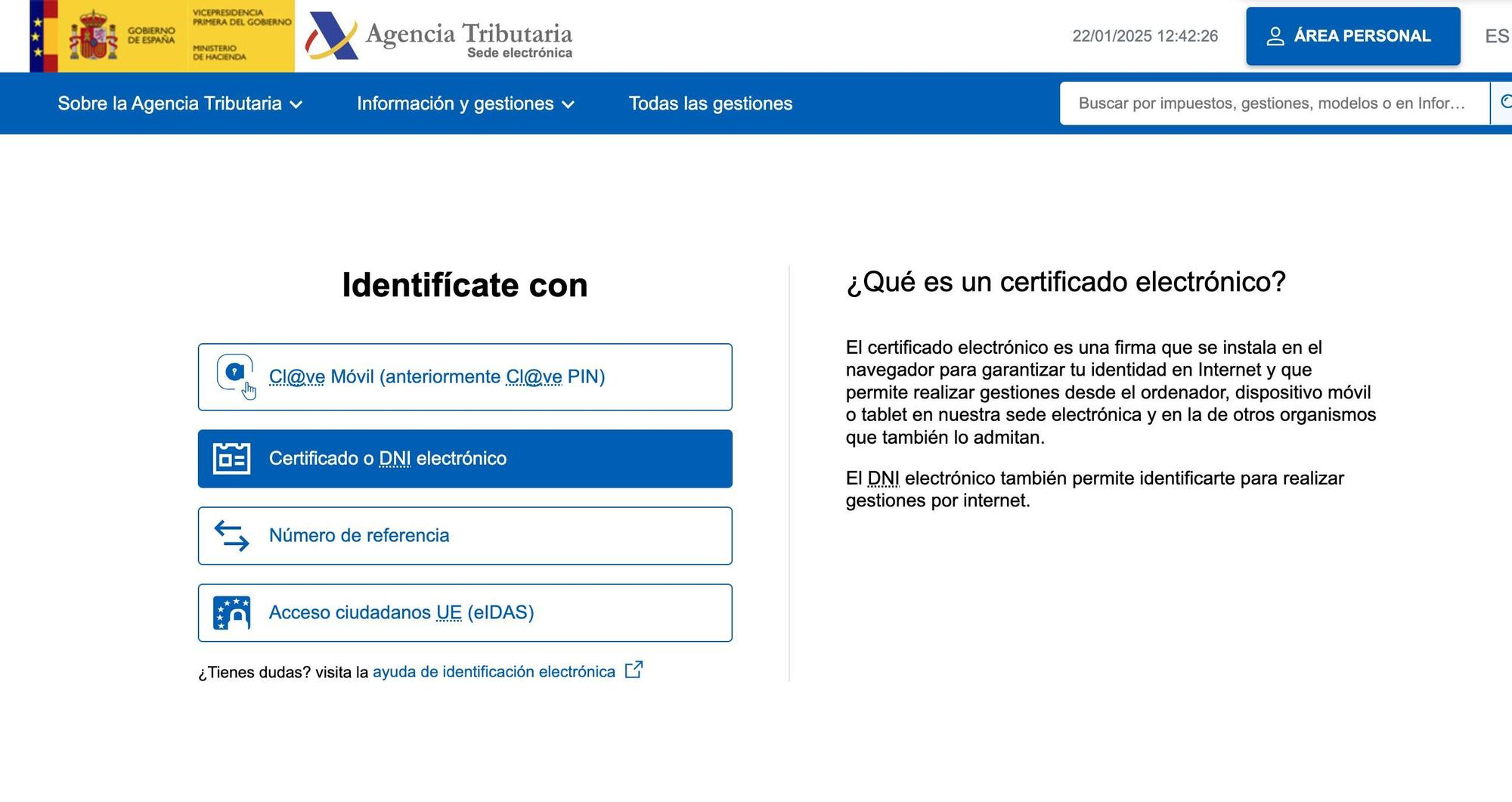 Pantalla de selección de método de identificación en el apartado Renta WEB.