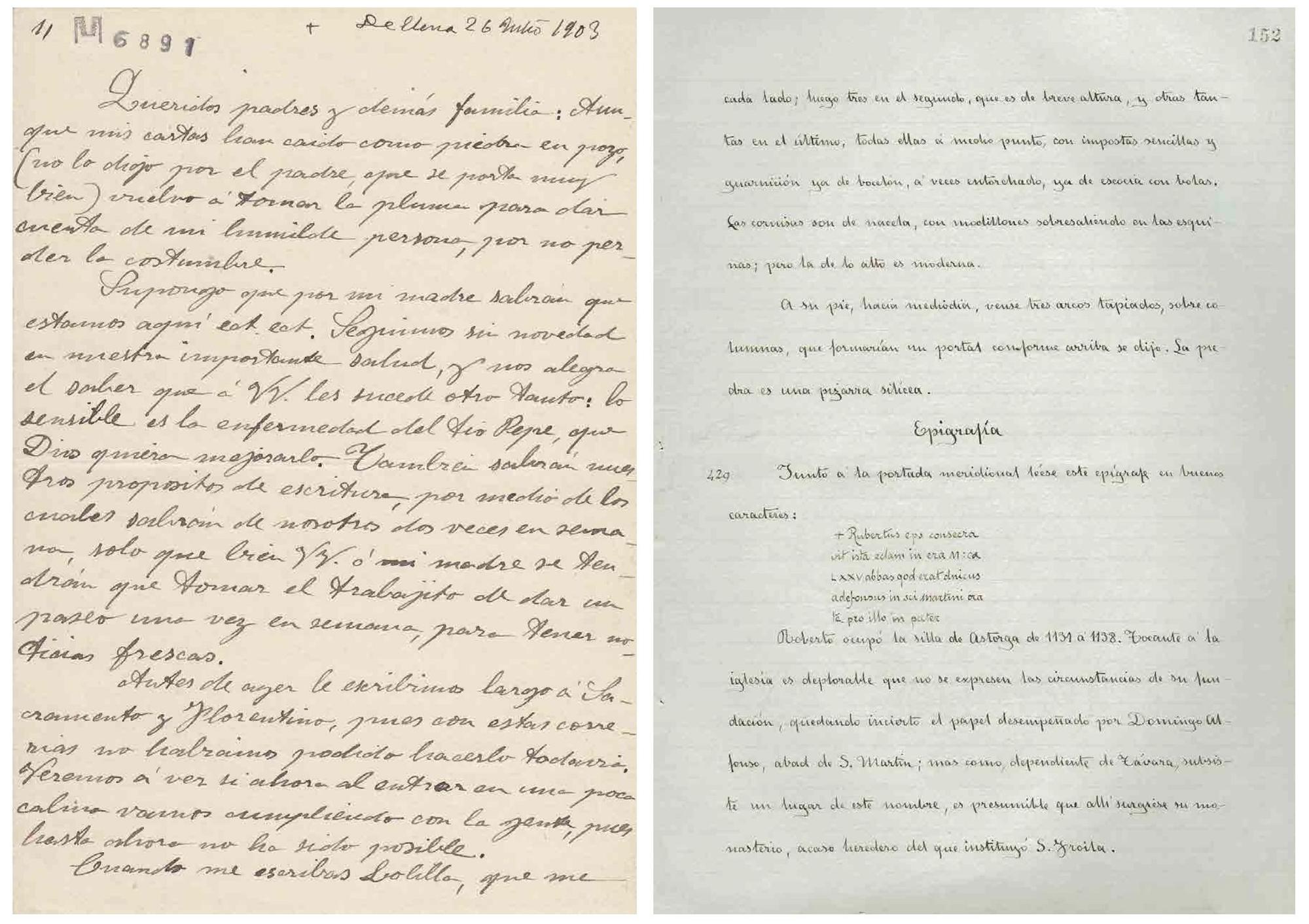 Una de las cartas (izquierda) recogidas en el trabajo. A la derecha, con la misma caligrafía (de Elena Rodríguez-Bolívar, esposa de Gómez Moreno) en la versión manuscrita del catálogo