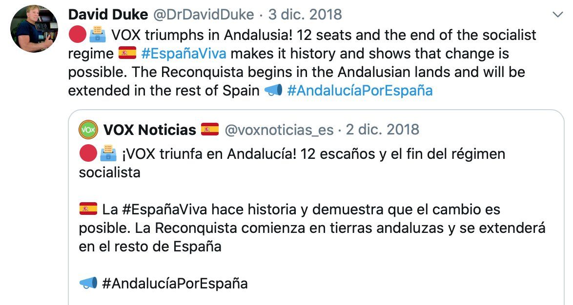 Tuit de David Duke, ex del KKK, celebrando el resultado de Vox en las elecciones andaluzas de 2018.