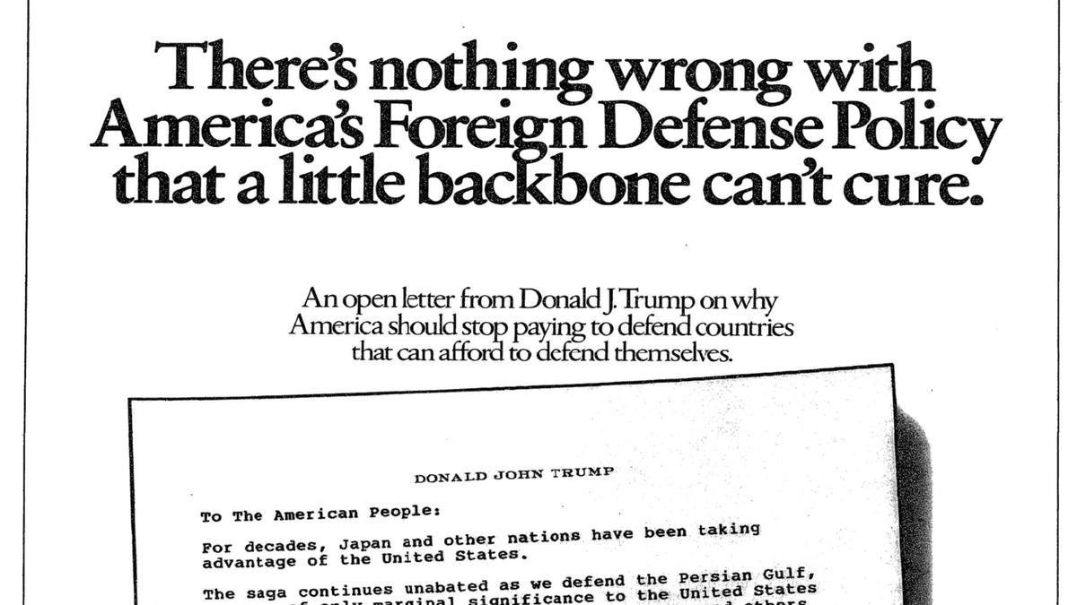 El anuncio de Donald Trump publicado el 2 de septiembre de 1987 en el 'New York Times'