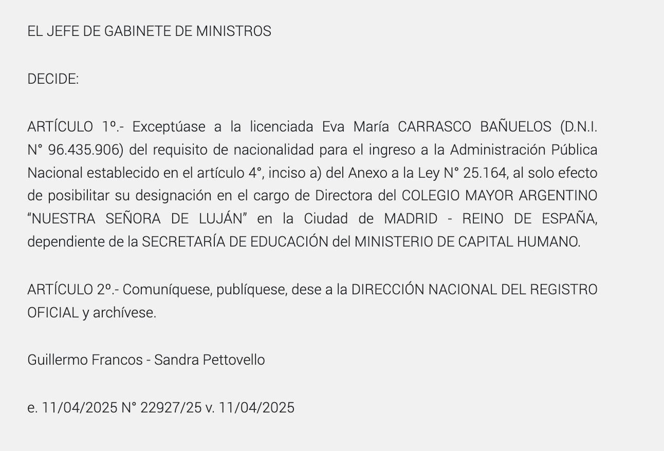 La excepción legal para que la española sea funcionaria argentina.