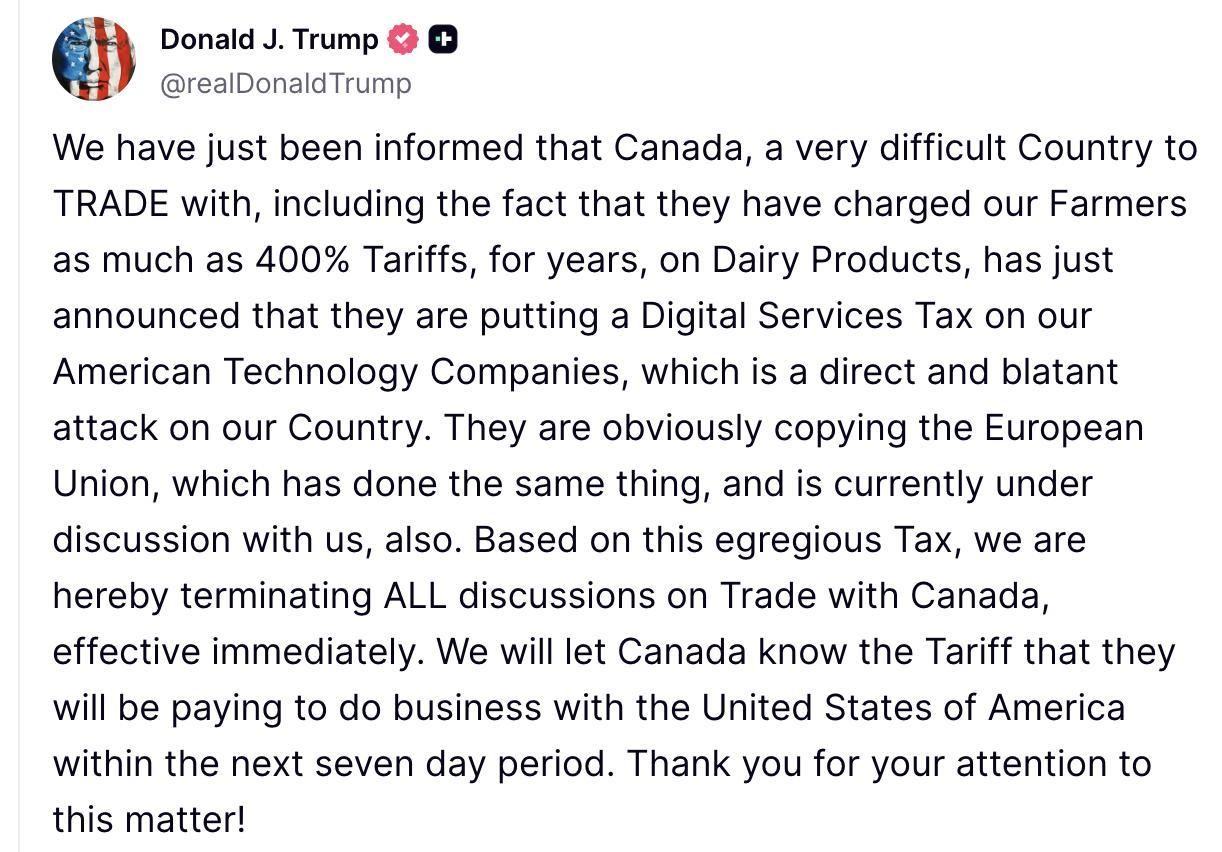 Truth Social de Trump sobre Canadá